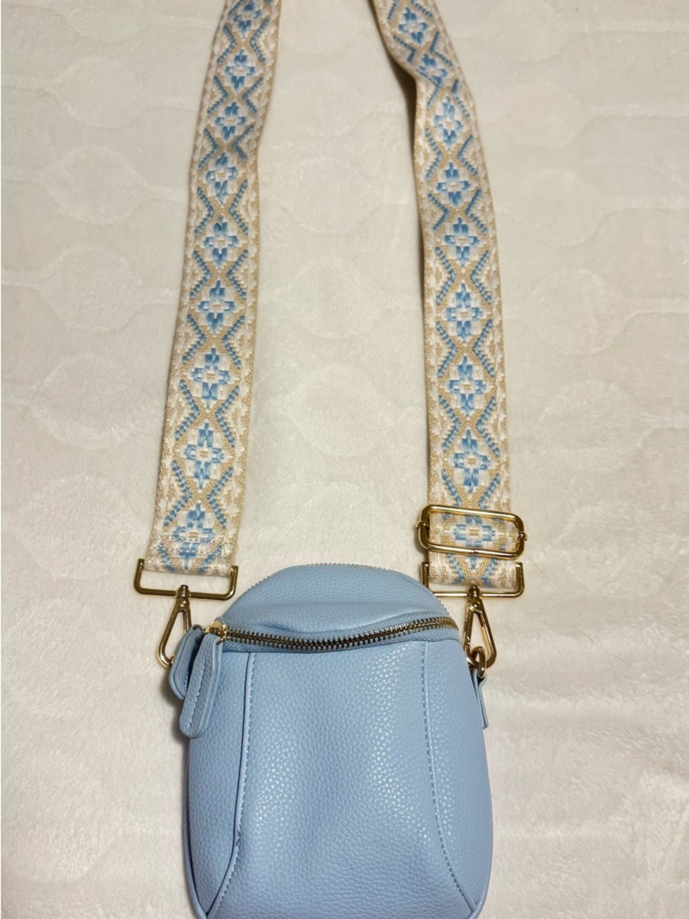 Boho Stylish Light Blue Crossbody Bag with Patterned Strap baby blue color - Picture 2 of 8